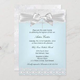 Blue White Lace Cross Baptism Invite
