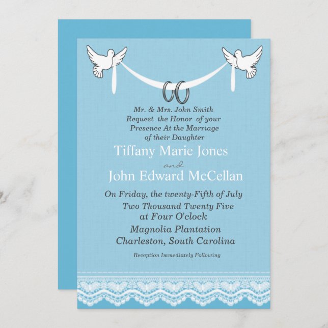 Blue White Lace Doves with Rings Wedding   Invitation (Front/Back)