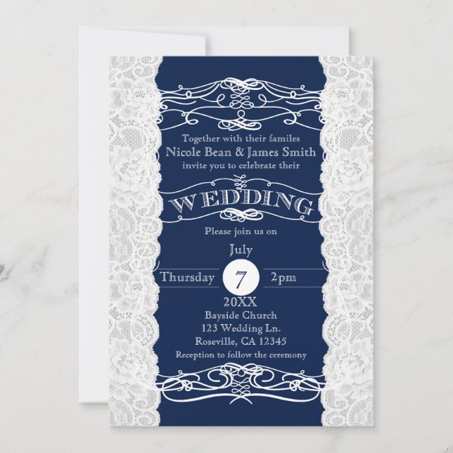 Blue & White Lace Elegant Wedding Invitations (Front)