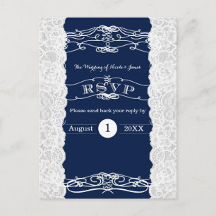 Blue & White Lace Elegant Wedding RSVP Card
