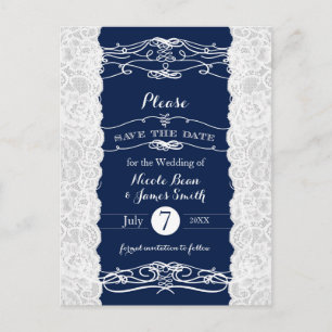 Blue & White Lace Elegant Wedding Save the Date Announcement Postcard