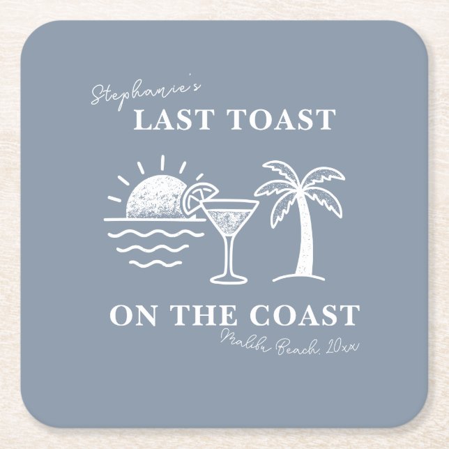 Blue & White Last Toast on the Coast Bachelorette  Square Paper Coaster (Front)