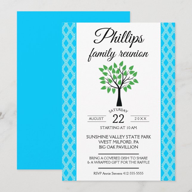Blue & White Lattice Family Reunion Announcement (Front/Back)