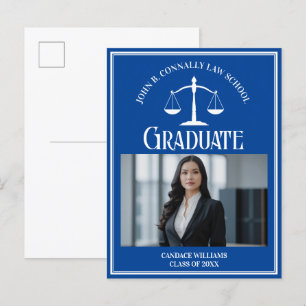 Blue White Law School Photo Graduation Announcement Postcard