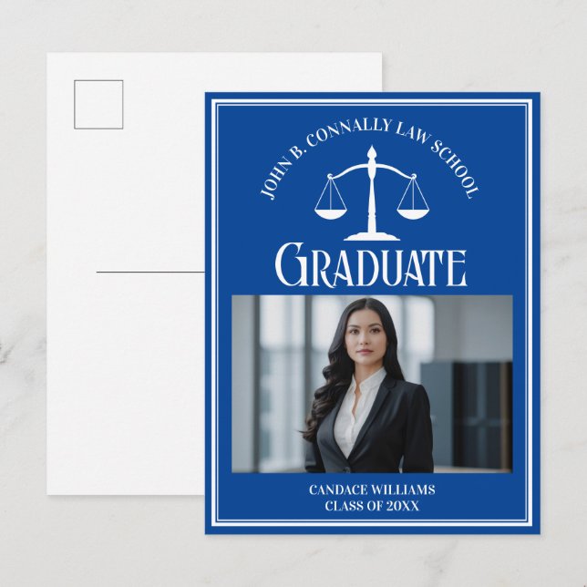 Blue White Law School Photo Graduation Announcement Postcard (Front/Back)