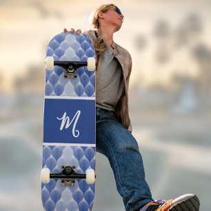 Blue White Leaf Modern Geometric Monogram Name Skateboard