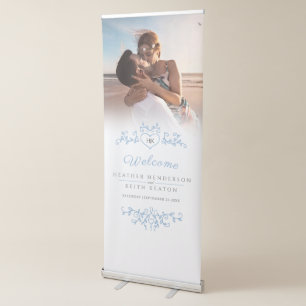 Blue white leaves wedding photo heart retractable banner