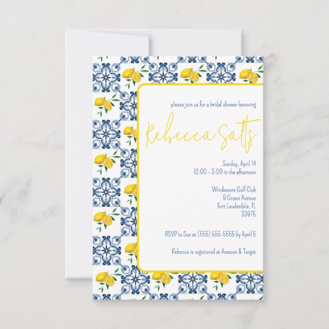 Blue White Lemon Mediterranean Tile Bridal Shower Invitation (Front)