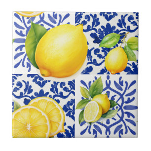 Blue White Lemon Pattern Mediterranean Citrus Tile