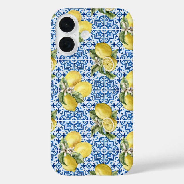 Blue White Lemon Tile Mediterranean Pattern Case-Mate iPhone Case (Back)