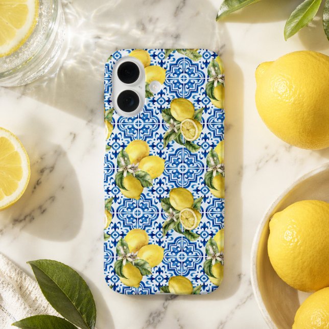 Blue White Lemon Tile Mediterranean Pattern iPhone 16 Case (Creator Uploaded)