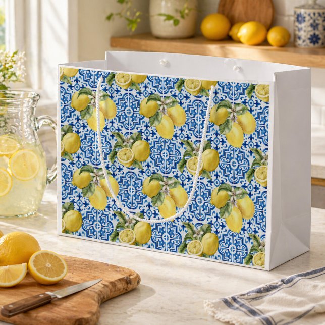 Blue White Lemon Tile Mediterranean Pattern Large Gift Bag (Creator Uploaded)