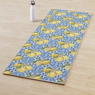 Blue White Lemon Tile Mediterranean Pattern Yoga Mat