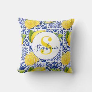 Blue White Lemon Tile Pattern Citrus Monogram Name Cushion