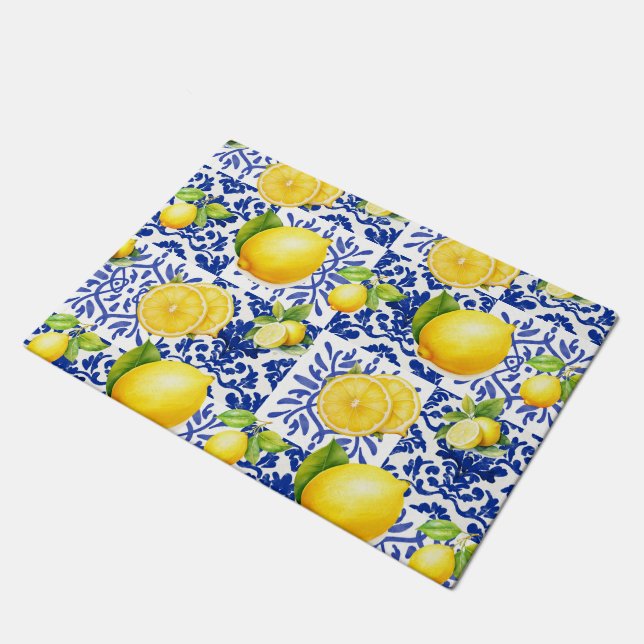 Blue White Lemon Tile Pattern Mediterranean Citrus Doormat (Angled)
