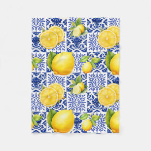 Blue White Lemon Tile Pattern Mediterranean Citrus Fleece Blanket