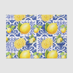 Blue White Lemon Tile Pattern Mediterranean Citrus Tissue Paper