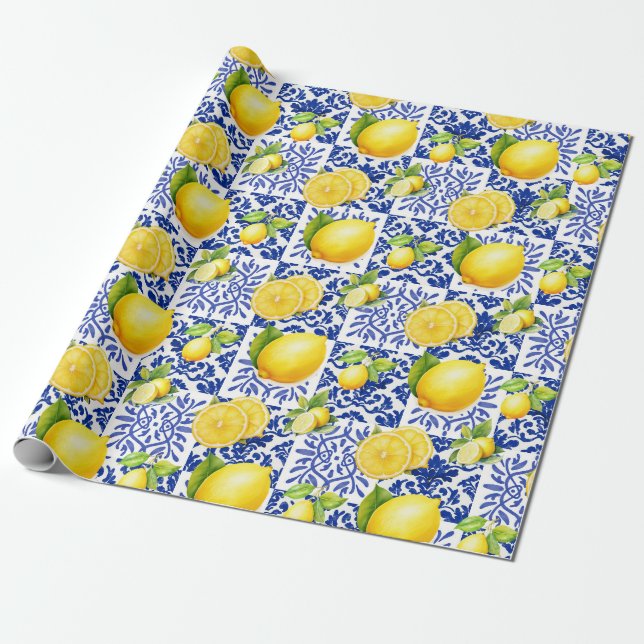 Blue White Lemon Tile Pattern Mediterranean Citrus Wrapping Paper (Unrolled)