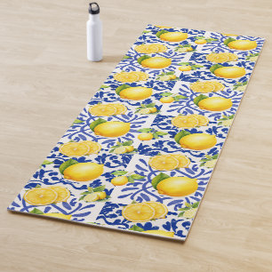 Blue White Lemon Tile Pattern Mediterranean Citrus Yoga Mat