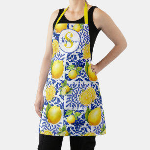 Blue White Lemon Tile Pattern Monogram Name Citrus Apron