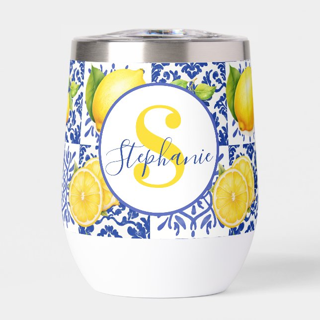 Blue White Lemon Tile Pattern Name Monogram Citrus (Front)