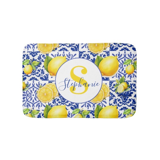 Blue White Lemon Tile Pattern Name Monogram Citrus Bath Mat (Front)