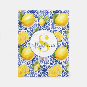 Blue White Lemon Tile Pattern Name Monogram Citrus Fleece Blanket