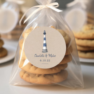 Blue White Lighthouse Kraft Wedding Classic Round Sticker