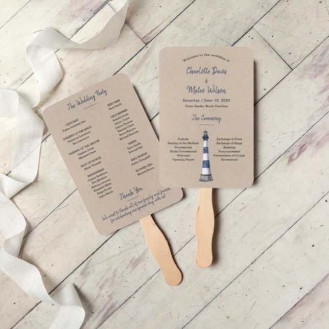 Blue White Lighthouse Kraft Wedding Program Hand F Hand Fan (Creator Uploaded)