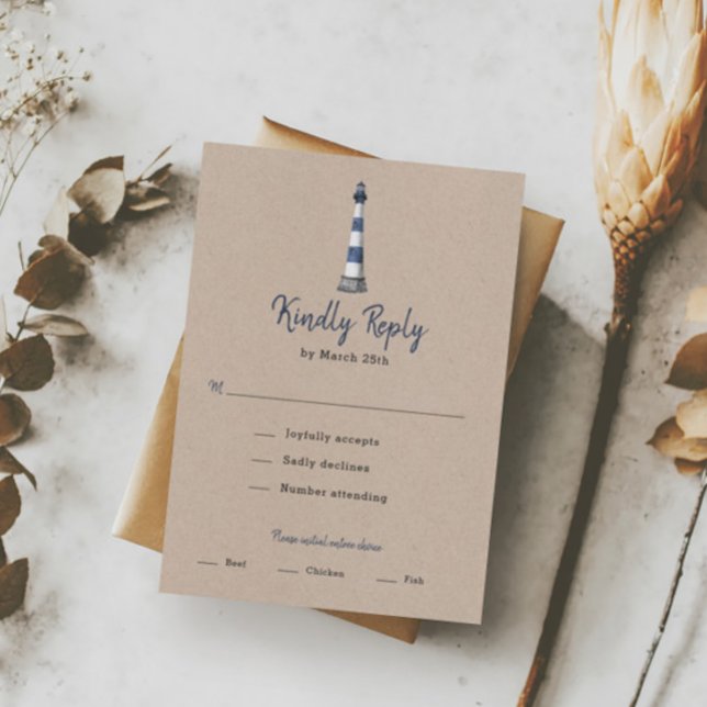 Blue White Lighthouse Wedding Meal Choice RSVP Card (Creator Uploaded)