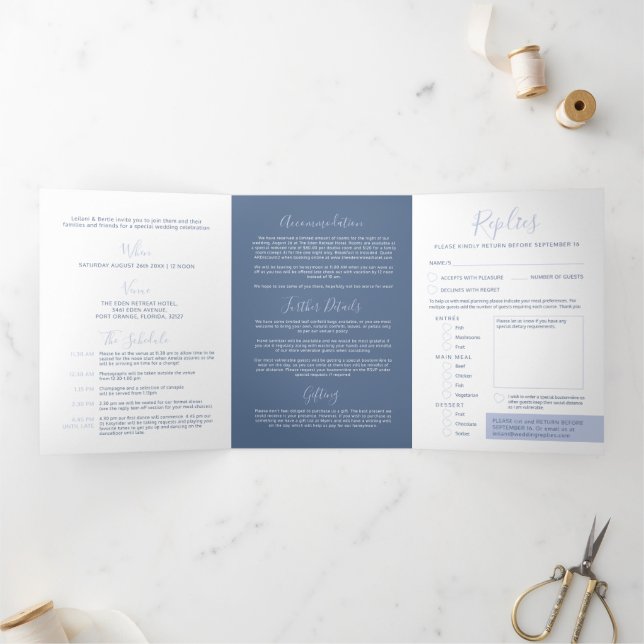 Blue white little heart wedding all-in-one Tri-Fold invitation (Inside)