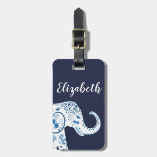 Blue & White Lotus Bohemian Elephant & Name Luggage Tag