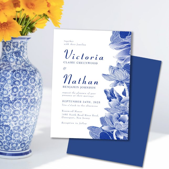 Blue & White Lotus Floral Chinoiserie Wedding Invitation (Creator Uploaded)