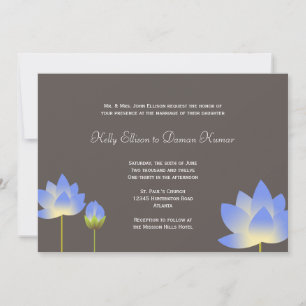 Blue white lotus flowers modern slate grey wedding invitation
