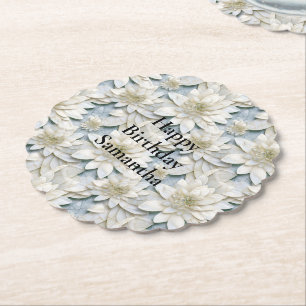 Blue White Lotus Flowers   Paper Coaster