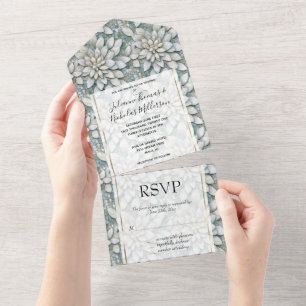 Blue White Lotus Flowers Wedding All In One Invitation
