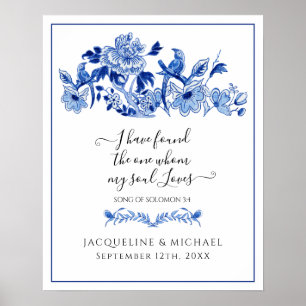 Blue White Love Birds China Floral Welcome Wedding Poster