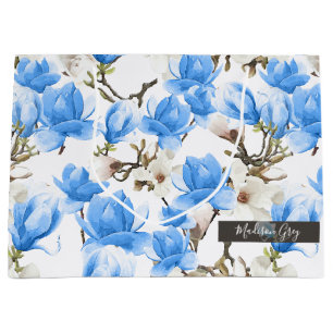 Blue & White Magnolia Blossom Watercolor Pattern Large Gift Bag