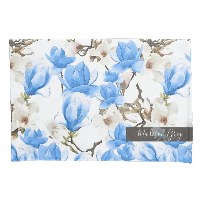 Blue & White Magnolia Blossom Watercolor Pattern Pillowcase (Front)