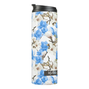 Blue & White Magnolia Blossom Watercolor Pattern Thermal Tumbler