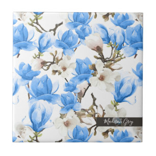 Blue & White Magnolia Blossom Watercolor Pattern Tile