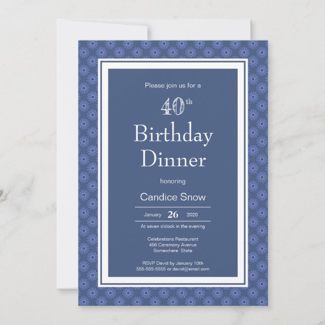 Blue White Mandala Pattern 40th Birthday Dinner Invitation (Front)