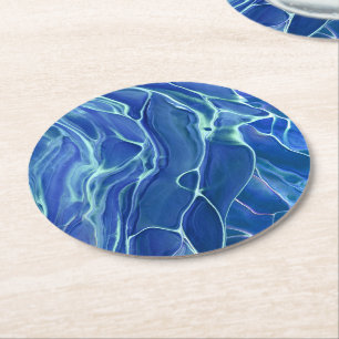 Blue & White Marble Acrylic Abstraction Round Paper Coaster