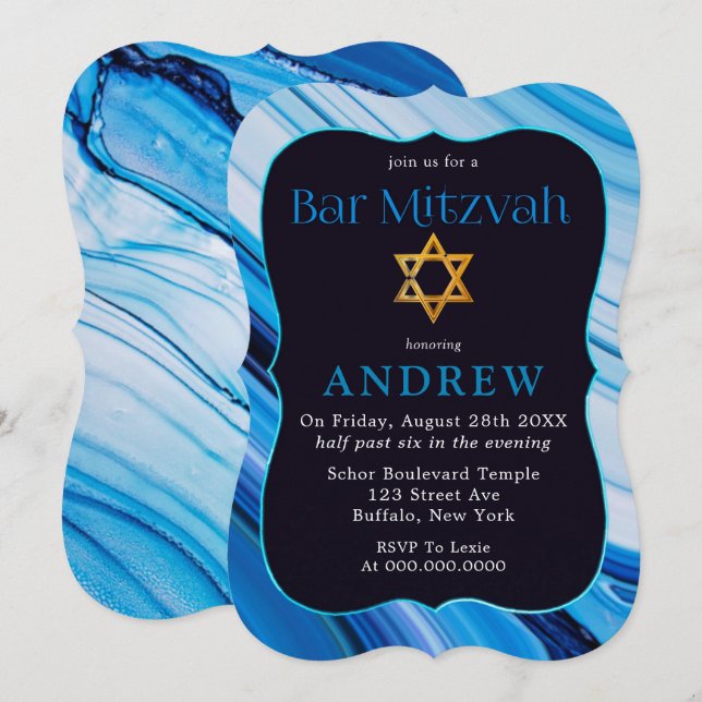 Blue White Marble Bar Mitzvah Star Of David  Invitation (Front/Back)