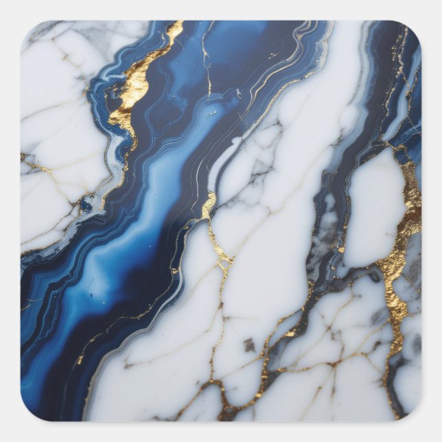 blue white marble texture gold texture pattern lux square sticker (Front)