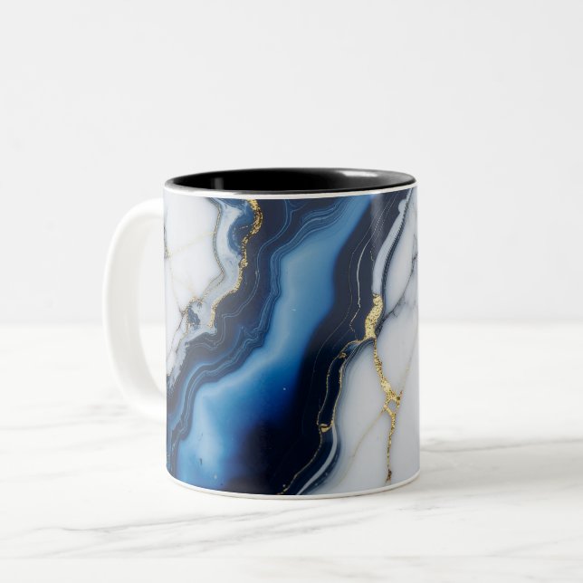 blue white marble texture gold texture pattern lux Two-Tone coffee mug (Front Left)