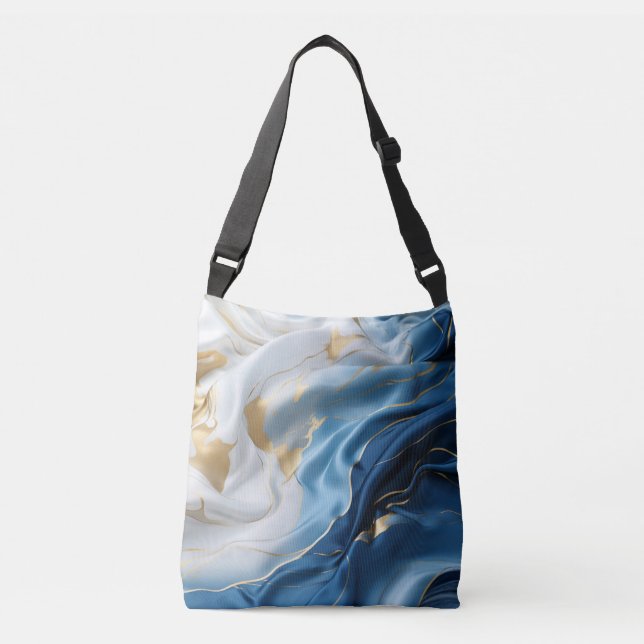Blue White Marble with Gold Silk Look Crossbody Bag (Front)