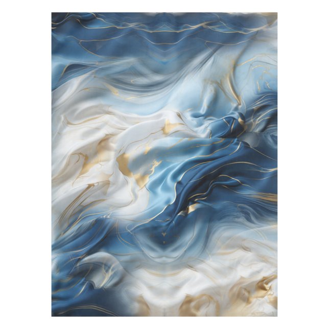 Blue White Marble with Gold Silk Look Tablecloth (Front)