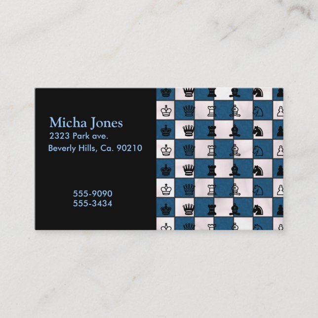Blue & White Marbled Chess Board & Pieces Business Card (Front)