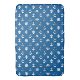 Blue White Marine Nautical Anchor Ships wheel Bath Mat